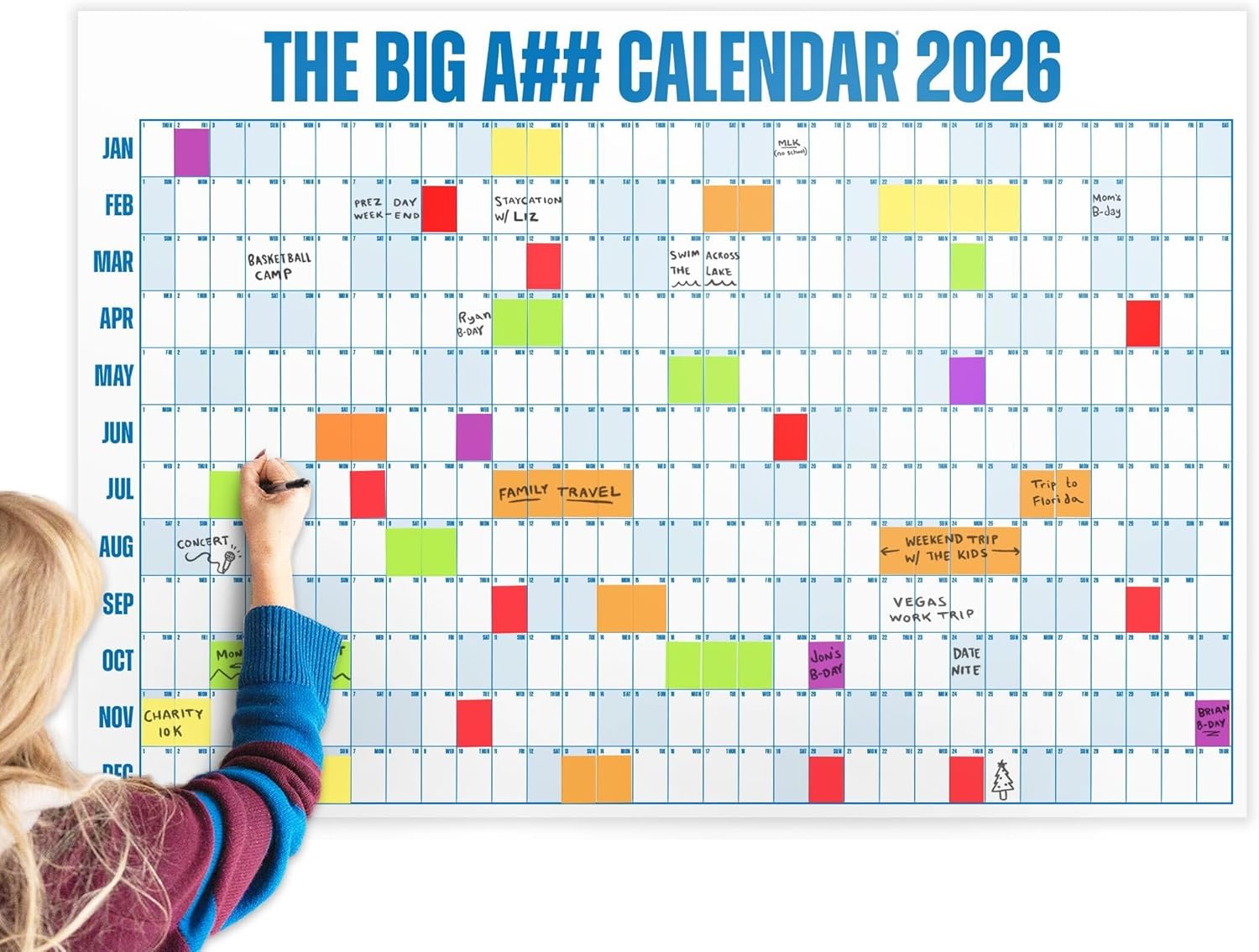 Abwischbarer Wandkalender 2026, Jahreskalender, Einfach Aufzuhängen, Mit Stiften Und 100 Aufklebern, Blau
