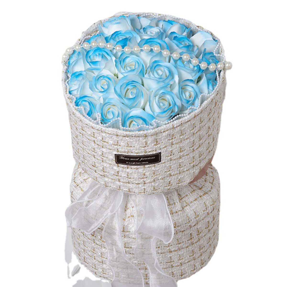Überraschen Sie Sie Mit Einem Kleinen Strauß Duftender Blauer Rosen, „brises Par Le Vent“ (brise Vom Wind), Und Einer Geschenkbox Mit Künstlichen Seifenblumen.