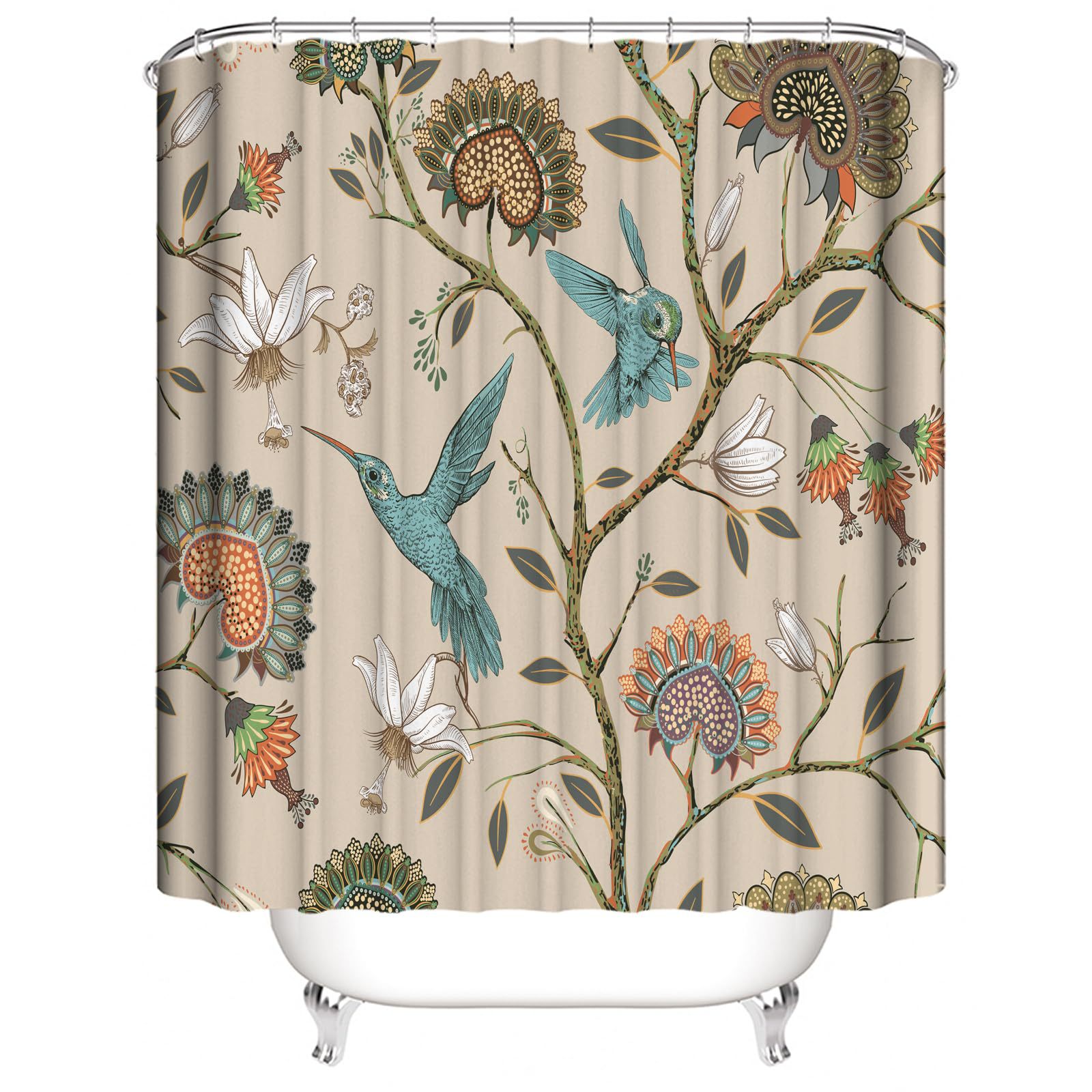 Duschvorhang Im Boho-stil Mit Blumenmuster, 180 X 200 Cm, Inklusive Haken, Braun, Mit Pflanzen- Und Vogelmotiven, Feuchtigkeitsbeständig Fürs Badezimmer