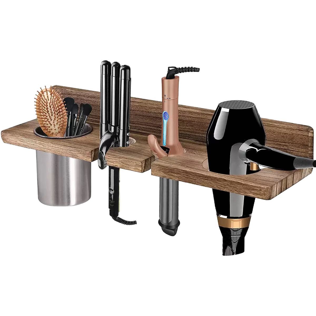 Retro-wandhalterung Aus Holz Für Haartrockner Und Haarstyling-accessoires, Braun