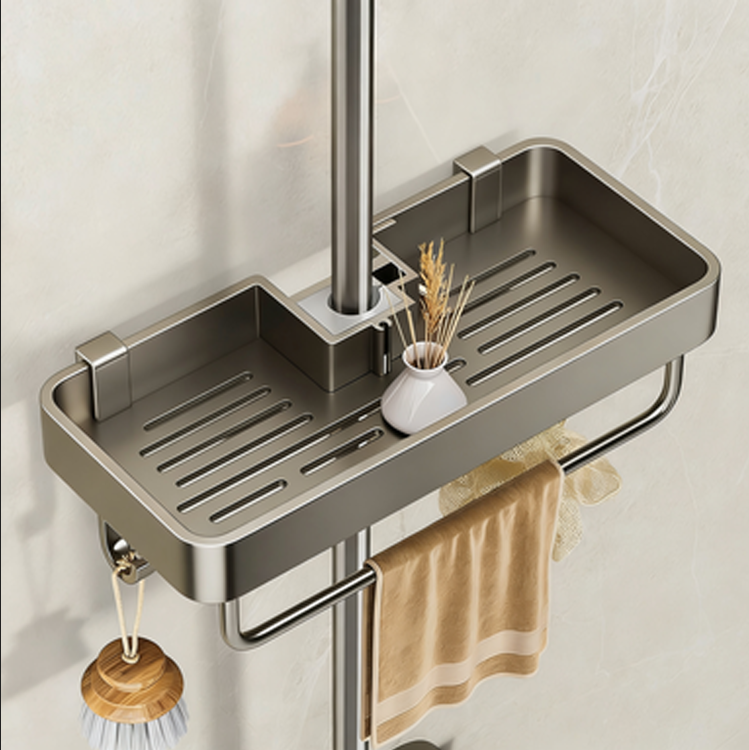 Duschablage Ohne Bohren, Rostfreier Edelstahl, 90–120 Cm, Graue Duschstange – Wandmontierte Seifenschale