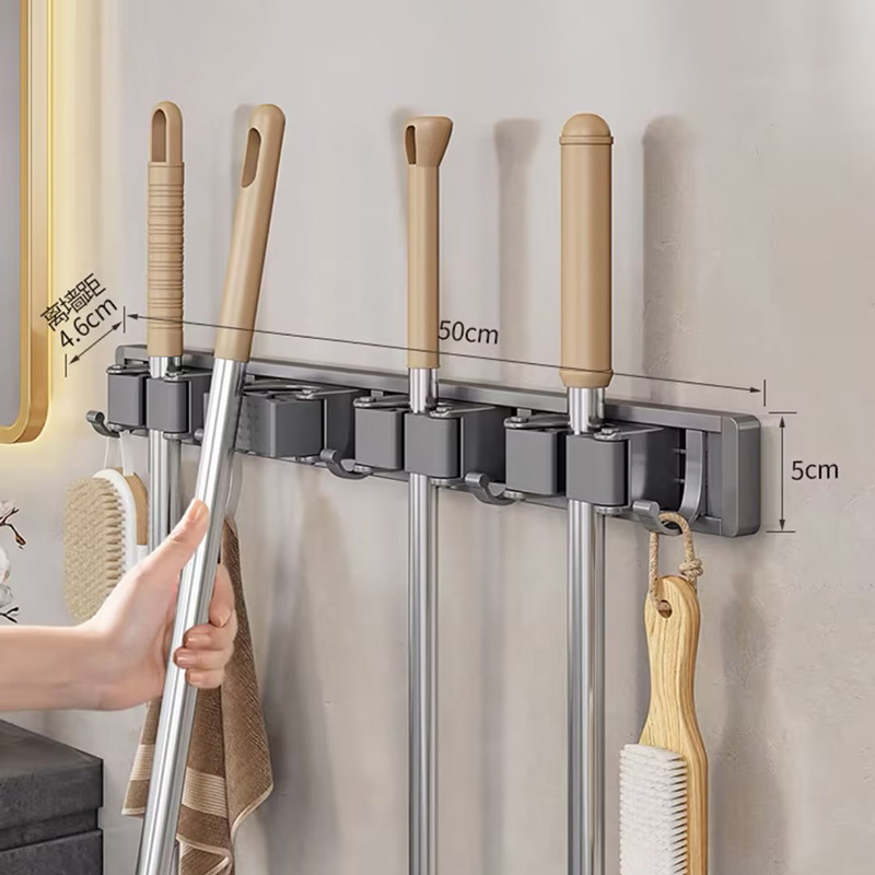 Wandmontierter Mopphalter, Kein Bohren Erforderlich, Selbstklebendes Aluminium, Für Badezimmer Mit Haken