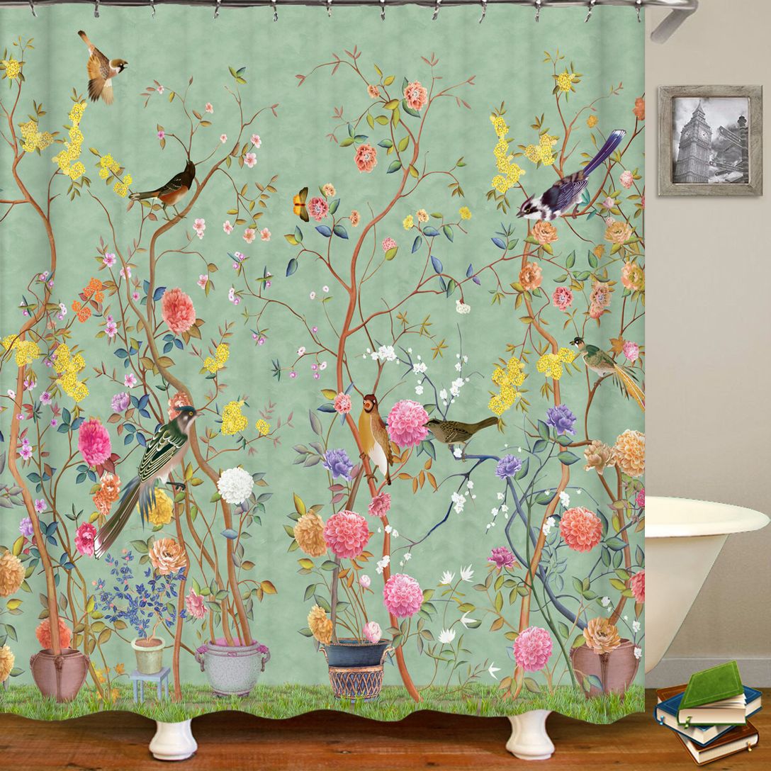 3d-duschvorhang Im Chinesischen Stil, 180 X 180 Cm, Wasserdicht, Mit 12 Haken, Retro-blumen Und -vögel, Maschinenwaschbar