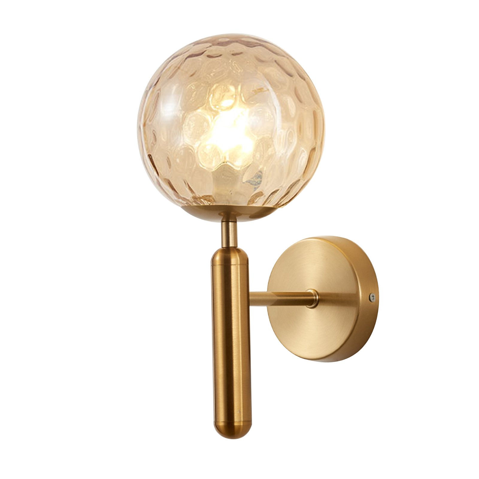 Kreative Wandleuchte Mit Kugelförmigem Lampenschirm Aus Schmiedeeisen Und Glas, E26-fassung In Natürlicher Kupferfarbe, Bernsteinfarbener Welleneffekt.