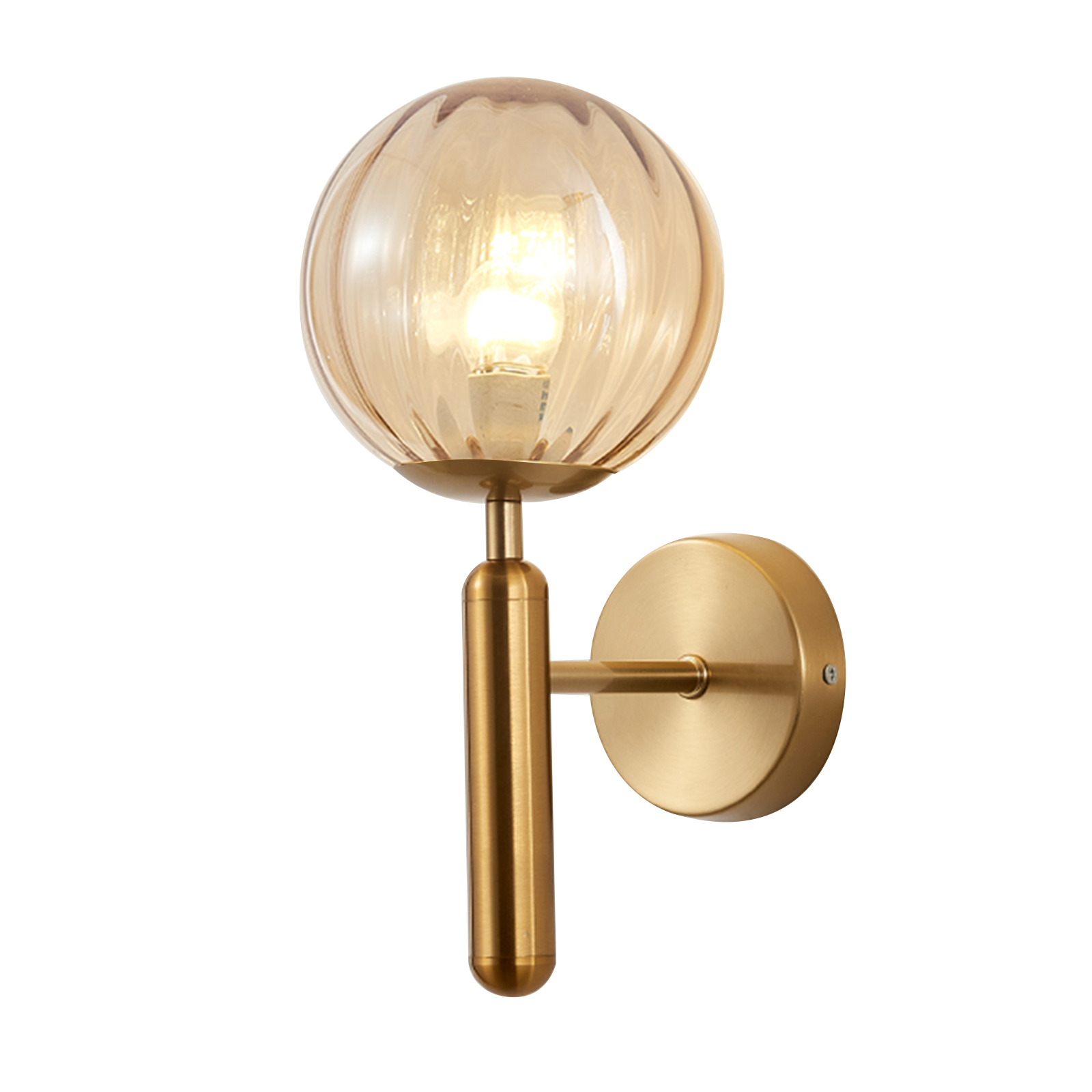 Kreative Wandleuchte Mit Kugelförmigem Lampenschirm Aus Schmiedeeisen Und Glas, E26-fassung, Natürliche Kupferfarbe Mit Bernsteinfarbenen Streifen.