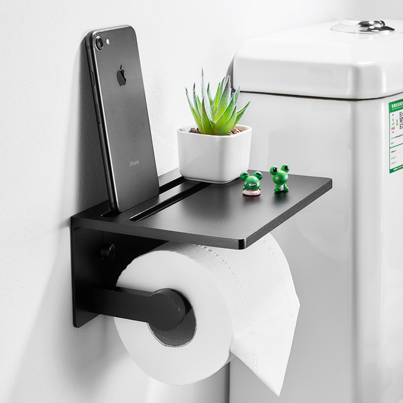 Wandmontierter Toilettenpapierrollenhalter, Kein Bohren Erforderlich, Mattschwarzes Aluminium Mit Ablage Fürs Badezimmer