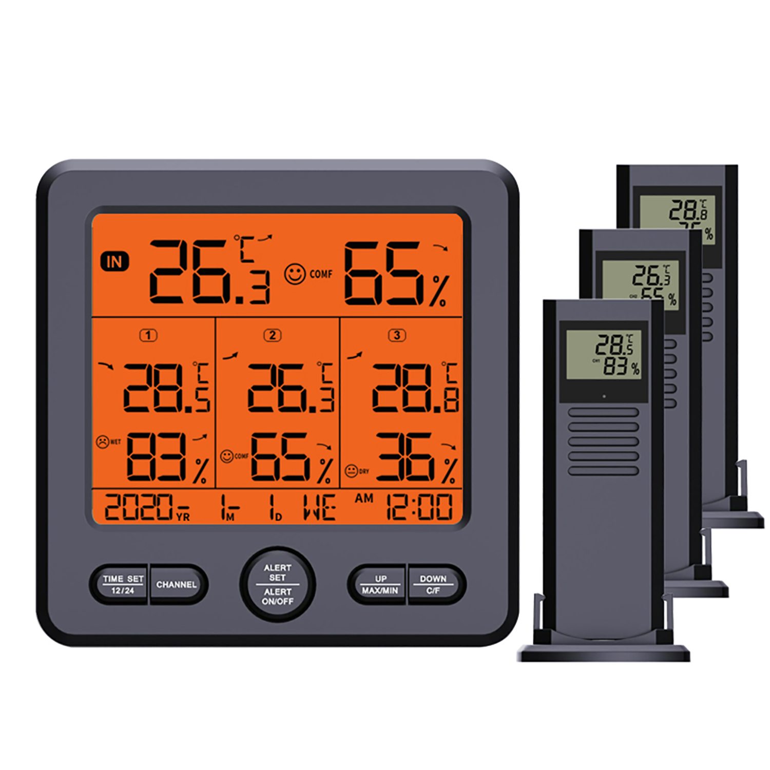 Wetterstation Mit Thermometer/hygrometer, 1 Bis 3 Messungen, Temperatur- Und Feuchtigkeitsmessung Innen/außen, Schwarz