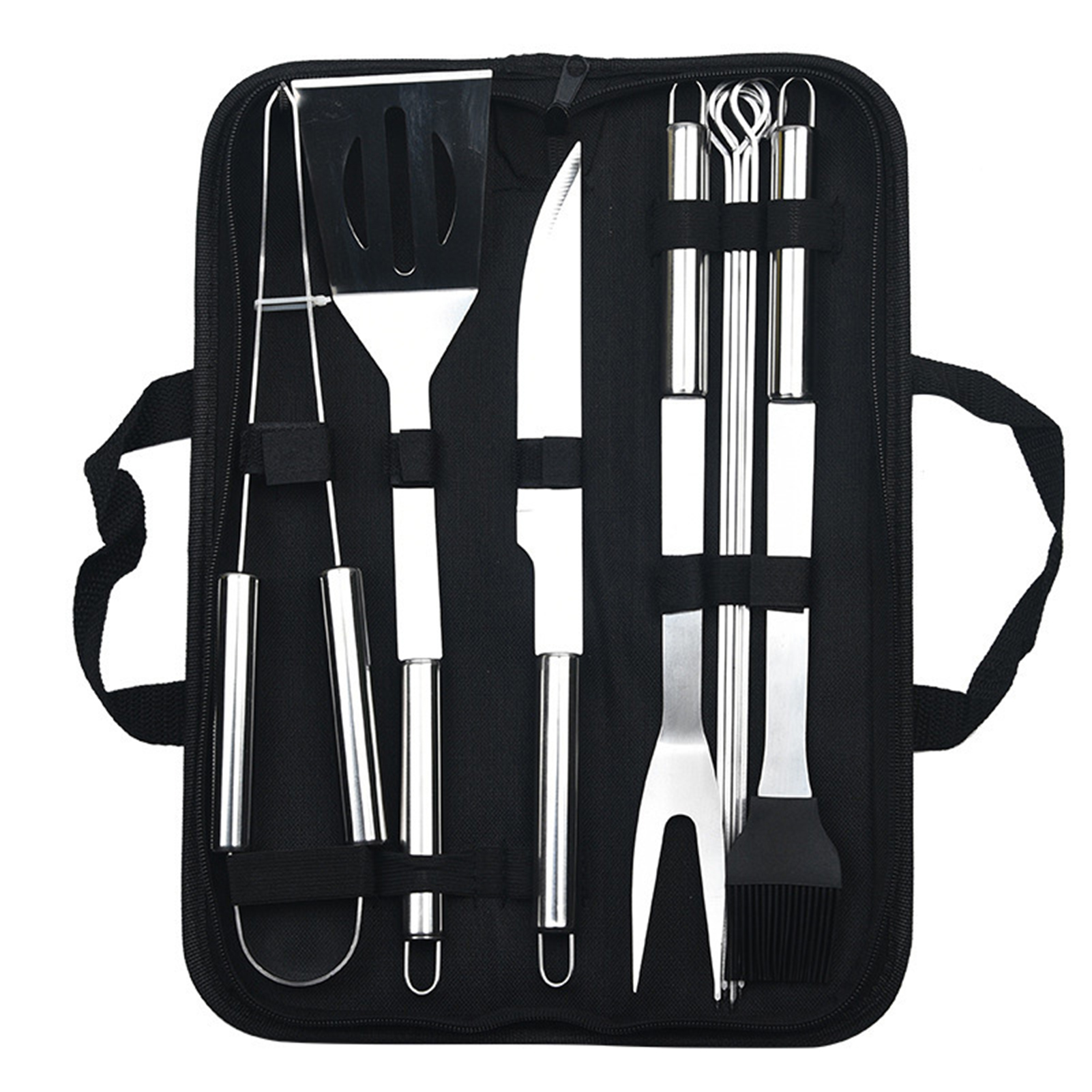 Grillset Aus Edelstahl, Bestehend Aus 9 Teilen, Einer Aufbewahrungstasche Und Griffen.