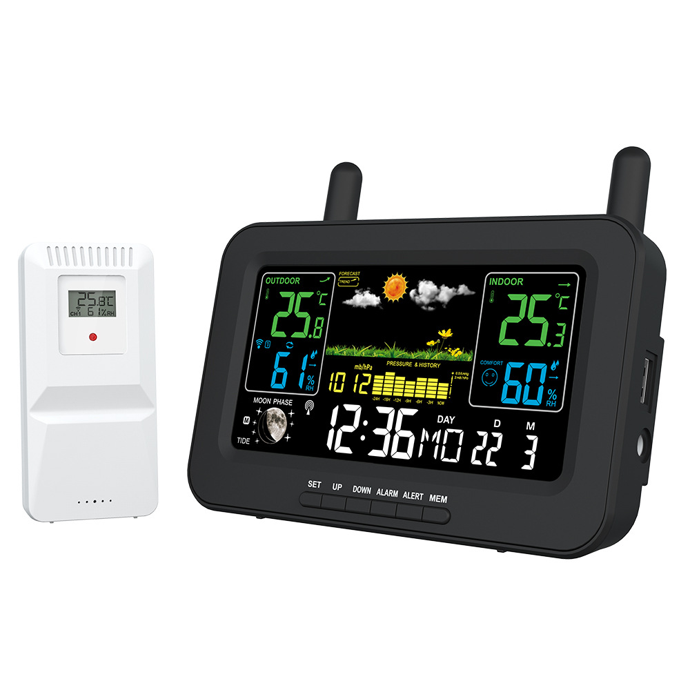 Wetterstation Mit Schwarzem Lcd-bildschirm, Temperatur- Und Feuchtigkeitsanzeige (funktionen: Kalender, Zeitsynchronisation, Usb-ladeausgang)