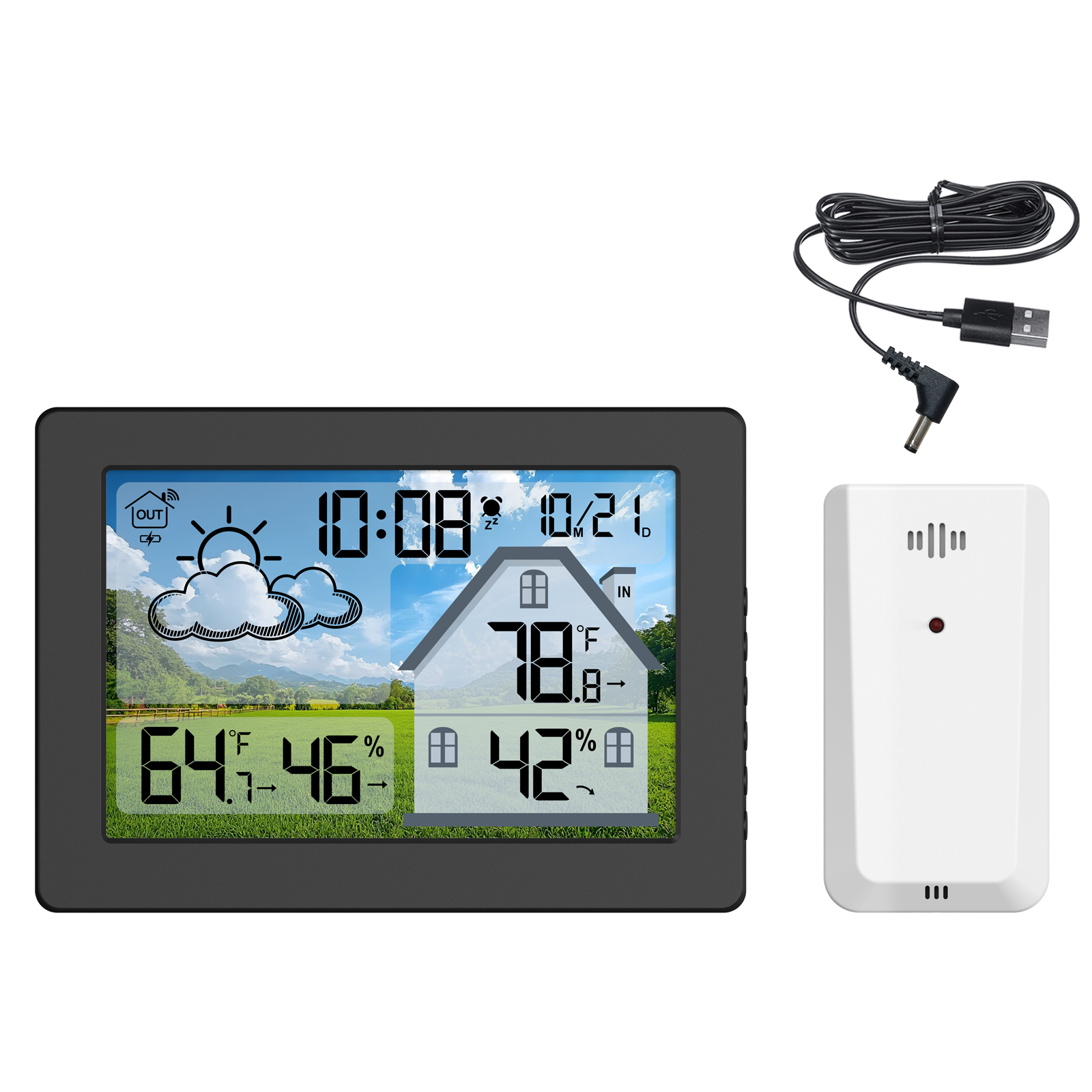Drahtlose Wetterstation Mit Uhr Und Außensensor, Anzeige Von Innen- Und Außentemperatur Und Luftfeuchtigkeit, Kalender, Aufzeichnungsfunktion