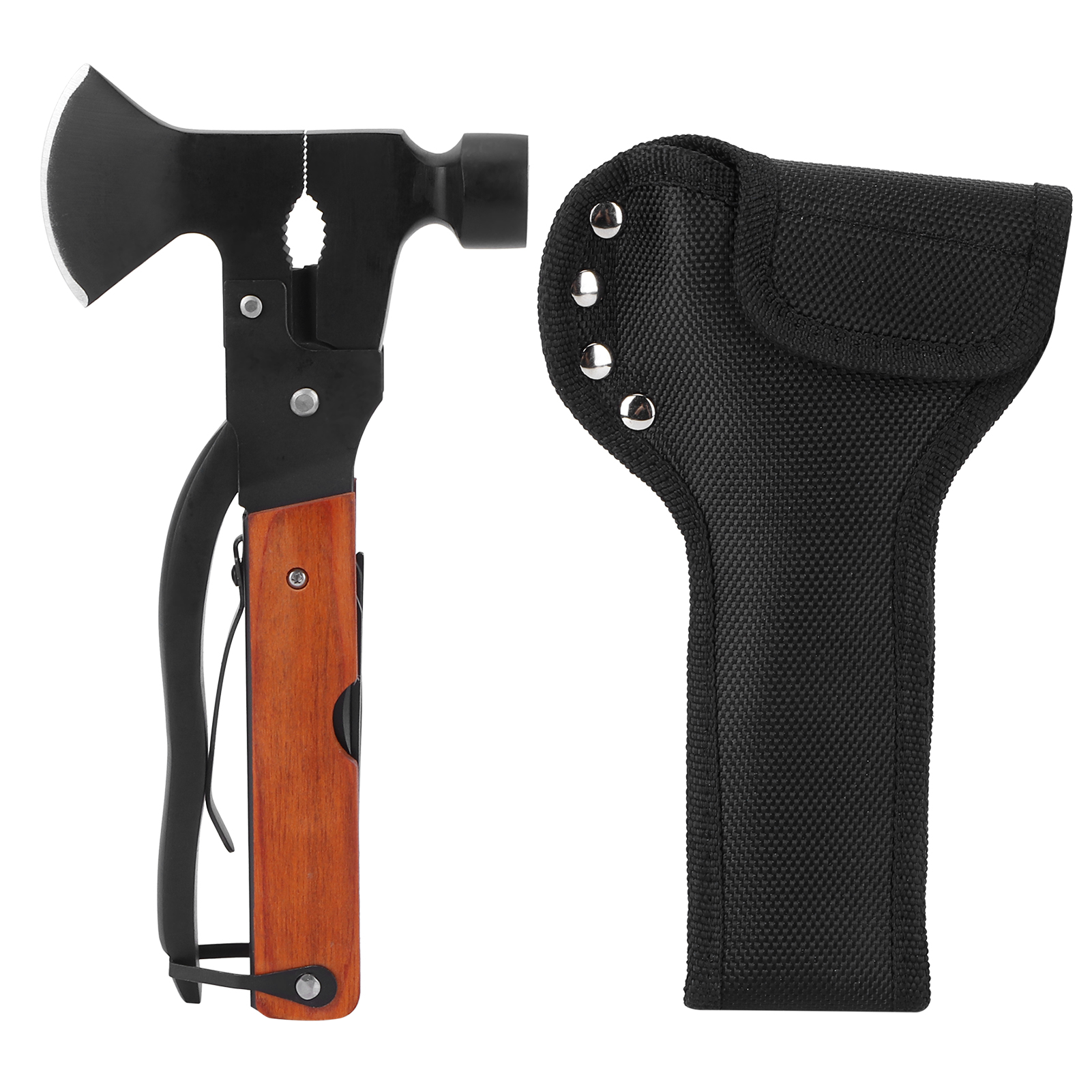 15-in-1 Multifunktionshammer Und -axt Für Camping Und Survival: Schraubendreher, Zange, Flaschenöffner (holzoptik)
