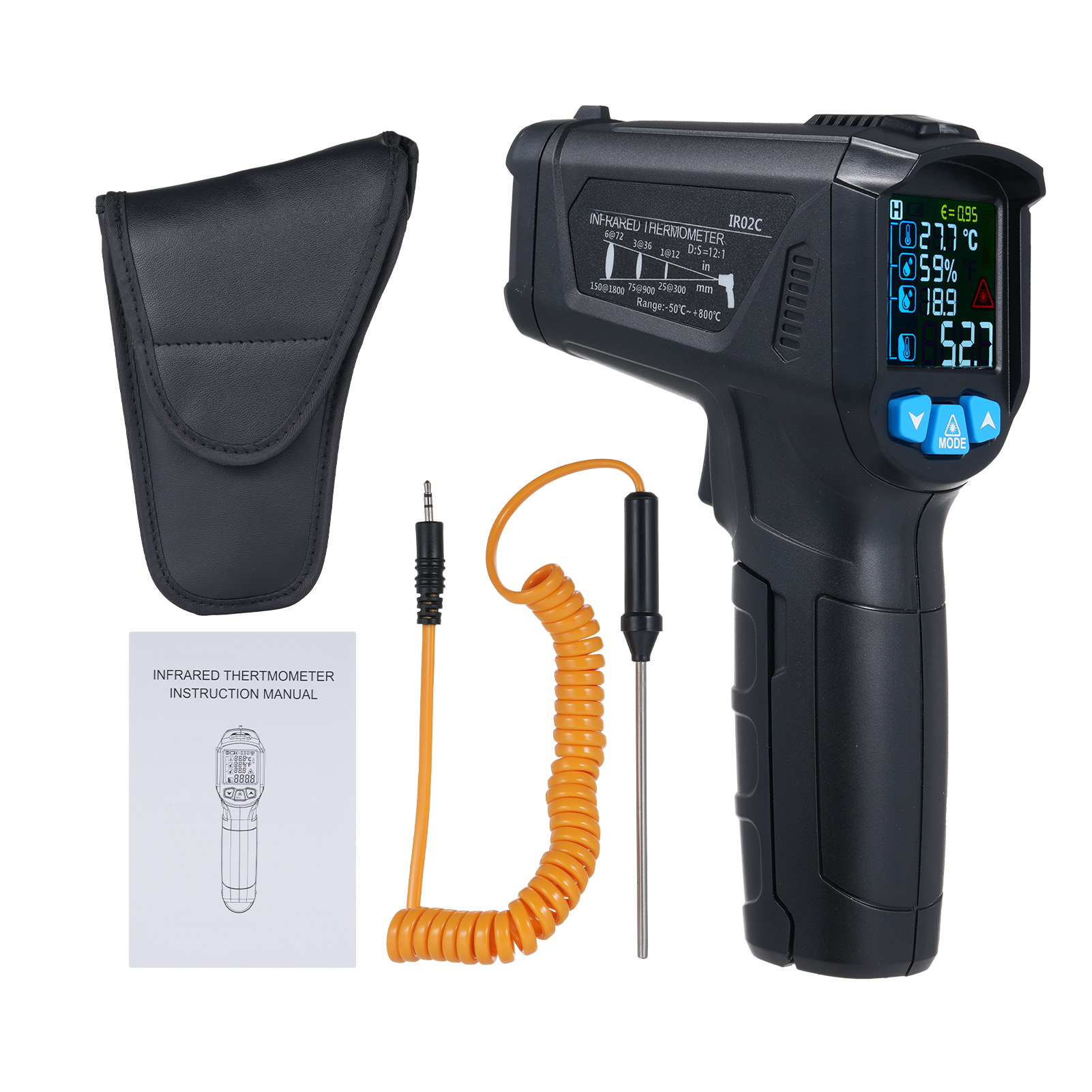 Berührungsloses Digitales Infrarot-thermometer, Tragbares Temperatur- Und Feuchtigkeitsmessgerät Mit Farb-lcd-bildschirm, Einstellbarer Emissionsgrad Von -50 Bis 800 °c