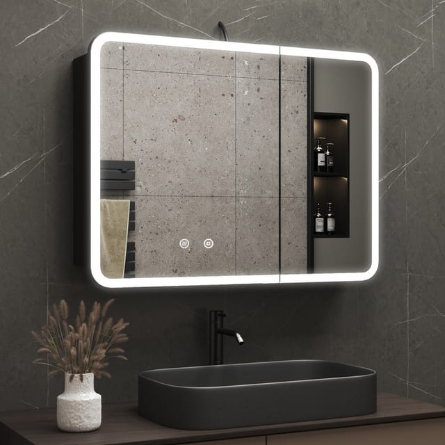 Spiegelschrank Bad Mit Beleuchtung 80x60 Cm Led Spiegelschrank Schwarz Mit Beleuchtung Badezimmerschrank Mit Spiegel Hängeschränke Medizin Kabinett Mit 3 Einstellbare Lichtfarben, Beschlagfrei