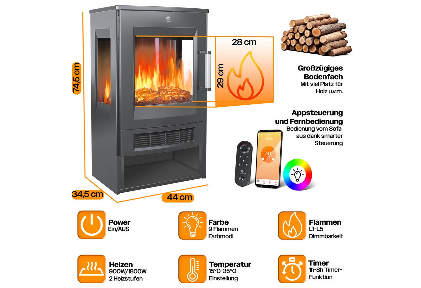 Kesser® Elektrokamin Panorama-sichtfenster 900/1800w, 9 Led-flammenmodi, Wifi App – Anthrazit