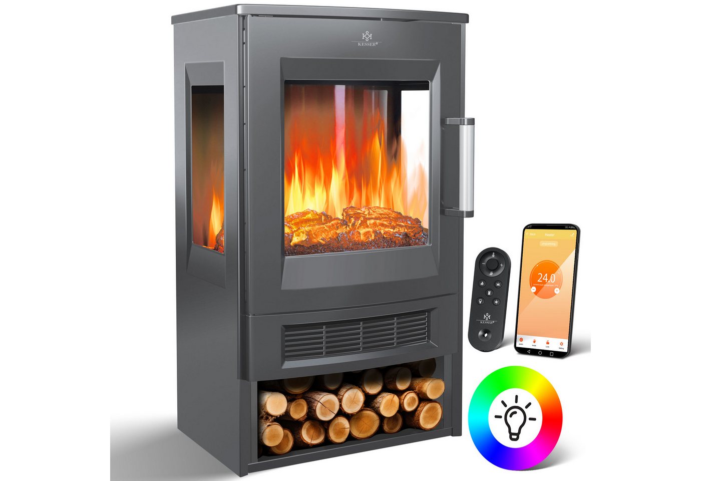 Kesser® Elektrokamin Panorama-sichtfenster 900/1800w, 9 Led-flammenmodi, Wifi App – Anthrazit Bild 2
