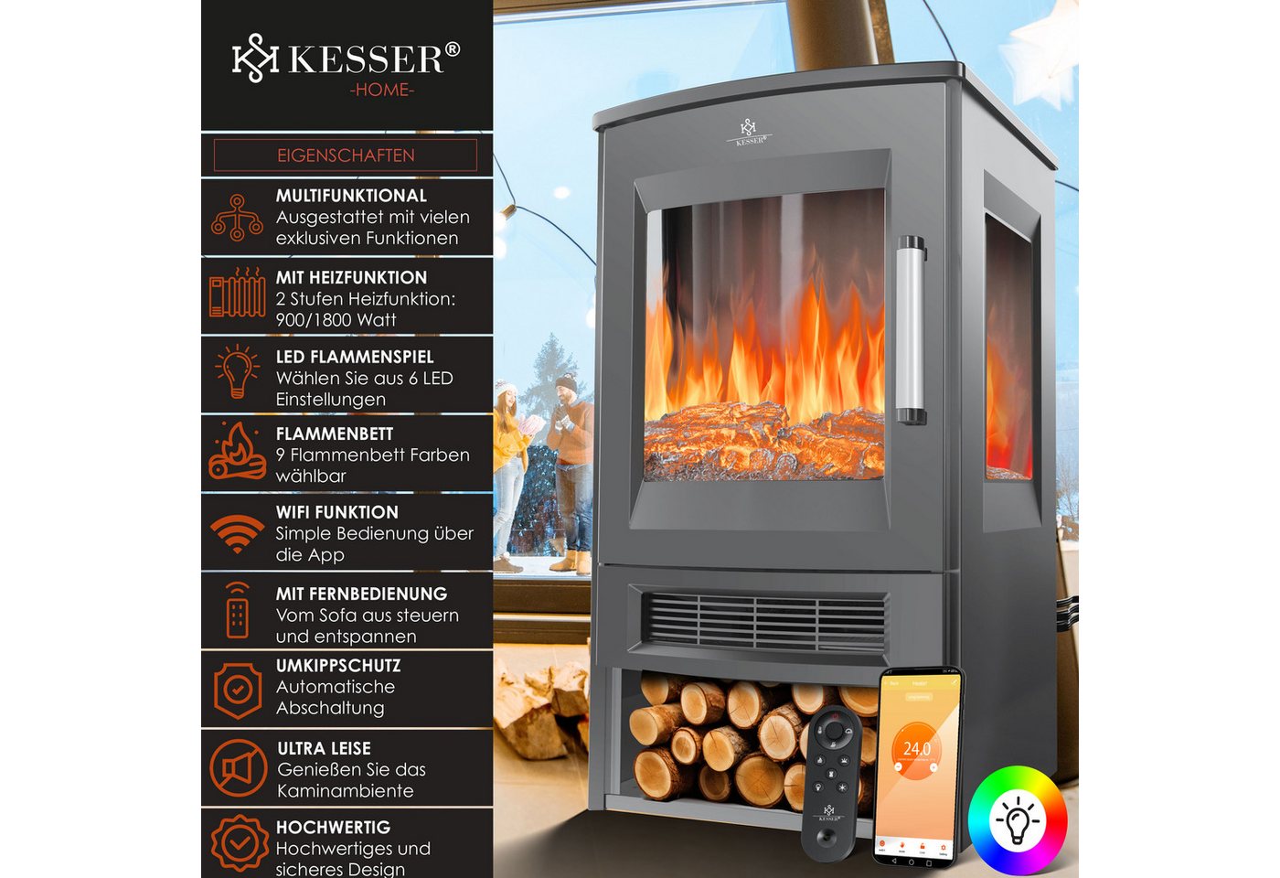Kesser® Elektrokamin Panorama-sichtfenster 900/1800w, 9 Led-flammenmodi, Wifi App – Anthrazit Bild 4