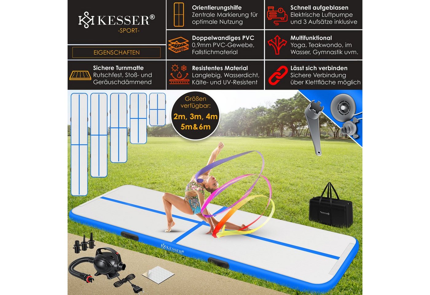 Kesser® Turnmatte Airtrack Aufblasbar 2-6m, Fitness-/gymnastikmatte – Turnmatte Aufblasbar