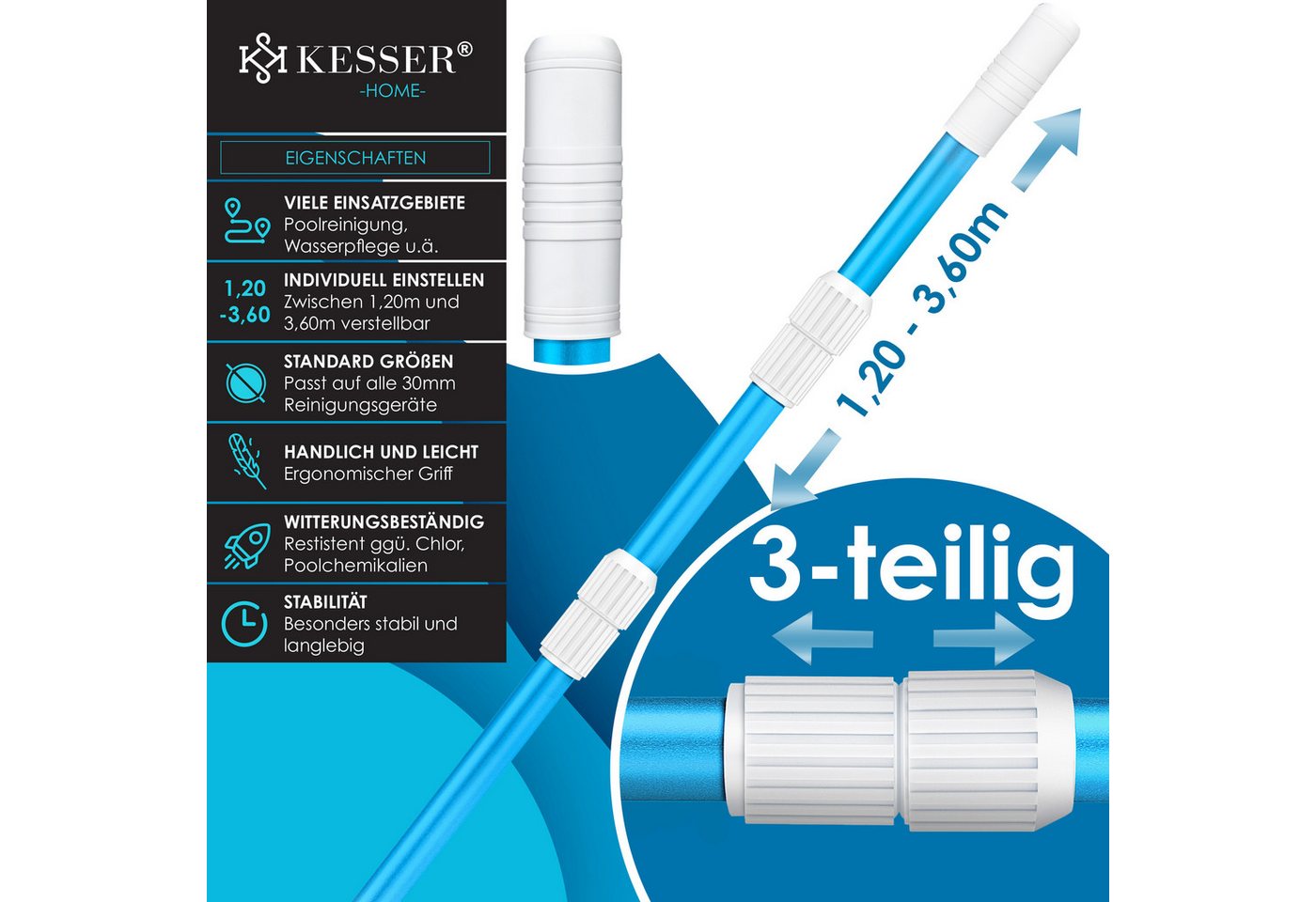 Kesser® Pool Teleskopstange Aluminium Poolstange Stange Zur Poolreinigung 3-teilig Einstellbar Von 1 20m Bis 3 60m Witterungsbeständig Und Stabil Blau Bild 2