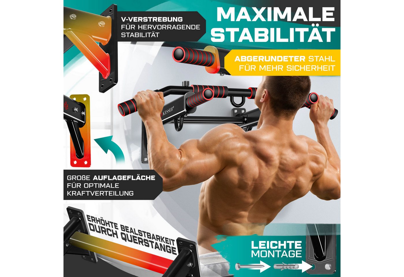 Kesser® 4in1 Klimmzugstange Wandmontage Rutschfest, Für Seile Ringe & Boxsäcke – Klimmzugstange 4in1