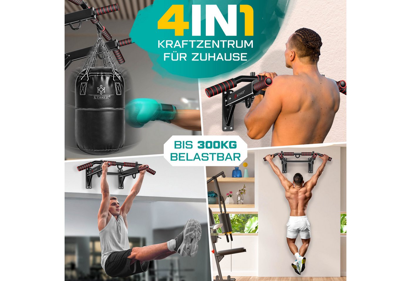 Kesser® 4in1 Klimmzugstange Wandmontage Rutschfest, Für Seile Ringe & Boxsäcke – Klimmzugstange 4in1 Bild 2