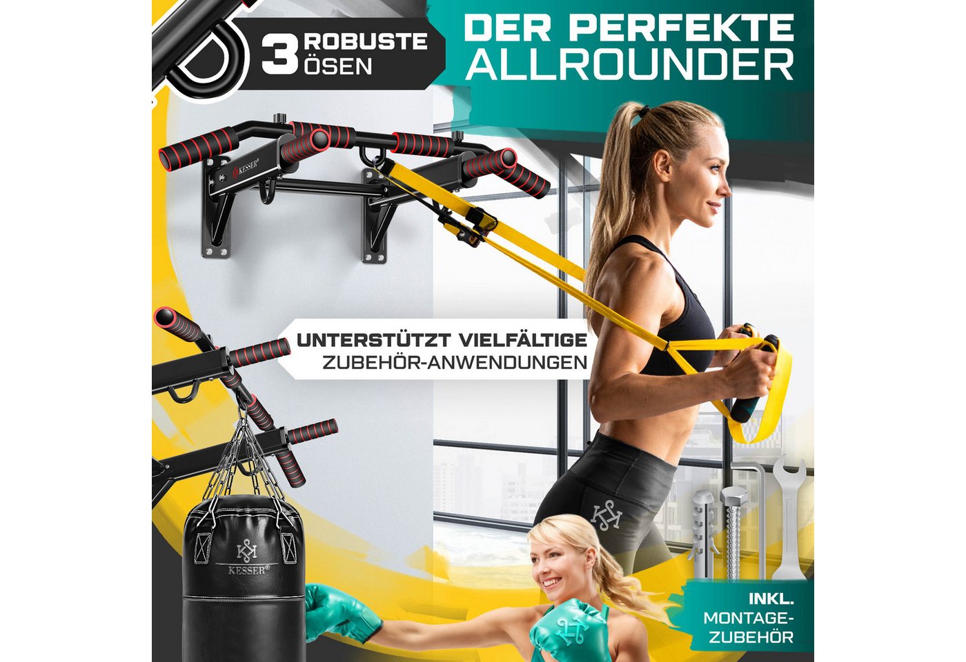 Kesser® 4in1 Klimmzugstange Wandmontage Rutschfest, Für Seile Ringe & Boxsäcke – Klimmzugstange 4in1 Bild 3