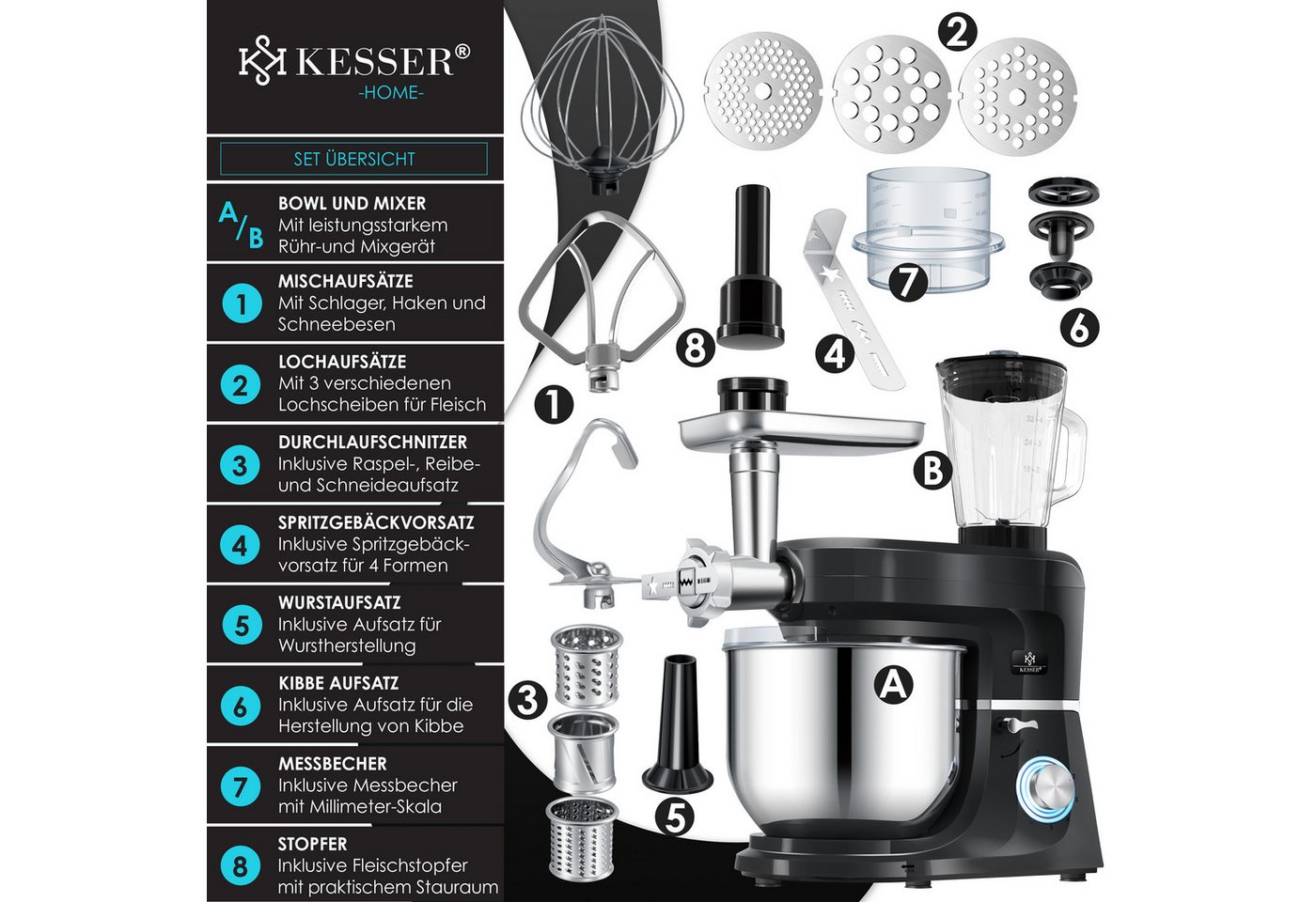 Kesser® 3in1 Küchenmaschine K-km 3000 Mit Fleischwolf & Entsafter – Küchenmaschine Premium K-km 3000 Bild 3