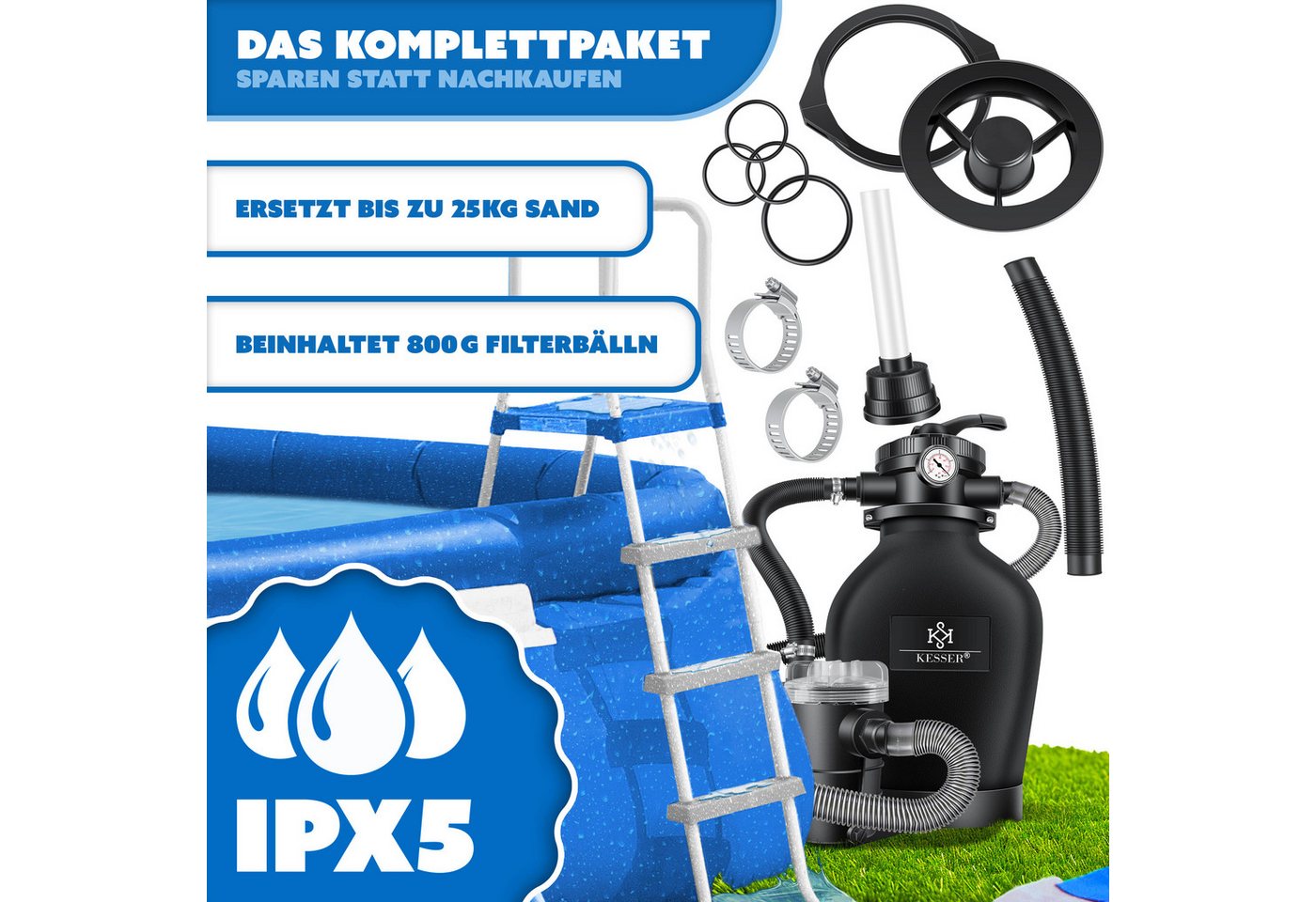 Kesser - Sandfilteranlage Sandfilter + 700g Filterbälle Ersetzen 25kg Filtersand 7-wege Ventil Mit Druckanzeige Poolfilter 10 M³/h Filteranlage Filterkartusche Schwarz