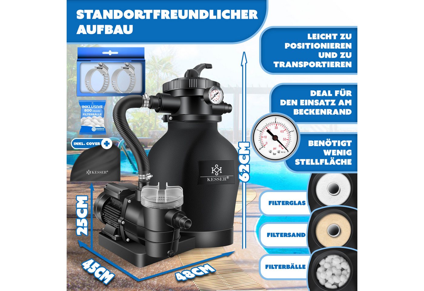 Kesser - Sandfilteranlage Sandfilter + 700g Filterbälle Ersetzen 25kg Filtersand 7-wege Ventil Mit Druckanzeige Poolfilter 10 M³/h Filteranlage Filterkartusche Schwarz Bild 3