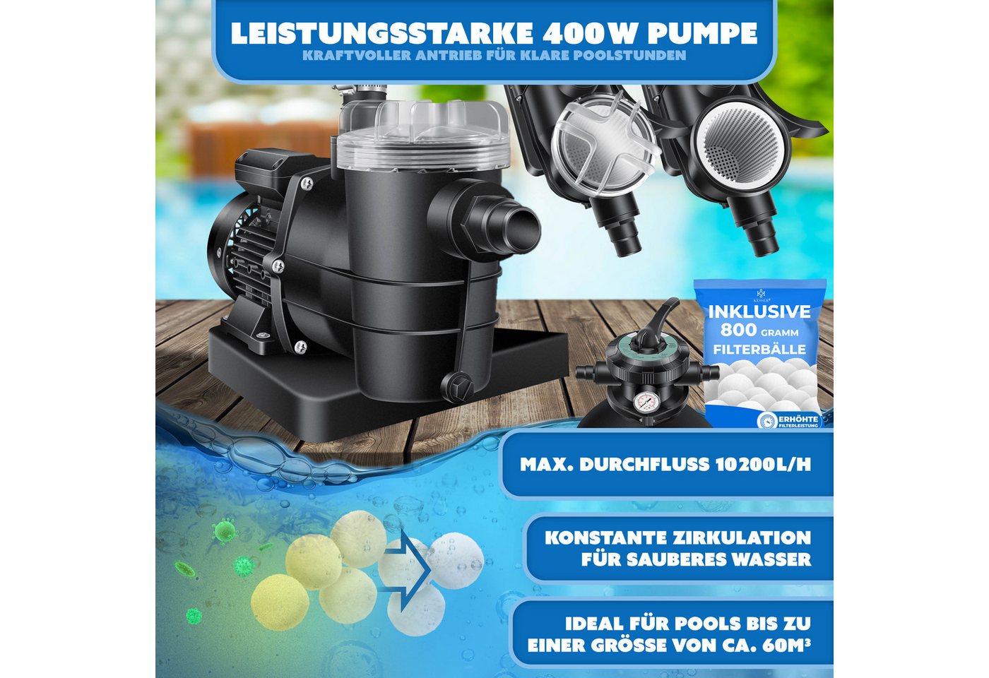Kesser - Sandfilteranlage Sandfilter + 700g Filterbälle Ersetzen 25kg Filtersand 7-wege Ventil Mit Druckanzeige Poolfilter 10 M³/h Filteranlage Filterkartusche Schwarz Bild 5