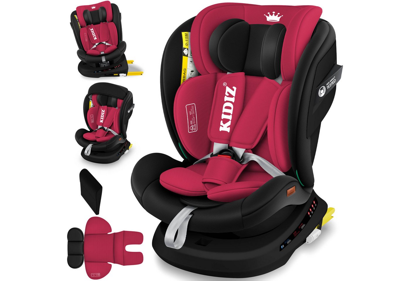 Kidiz® Kindersitz Autositz Isofix Top Tether 360° Drehbar Gruppe 0/1/2/3 – Schwarz / Bordeaux Rot