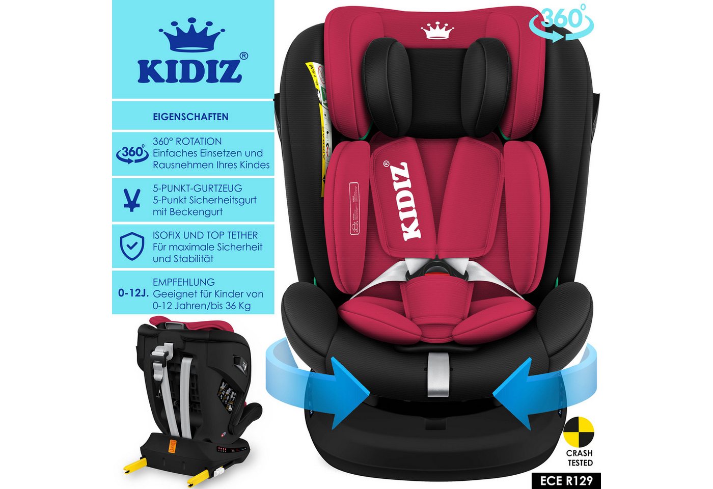 Kidiz® Kindersitz Autositz Isofix Top Tether 360° Drehbar Gruppe 0/1/2/3 – Schwarz / Bordeaux Rot Bild 2