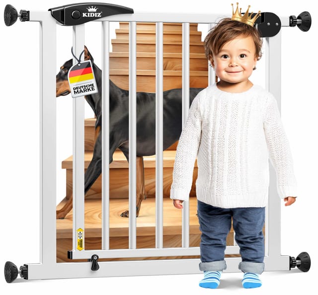 Kidiz® Schutzgitter Für Treppen & Tür, Auto Close, 90° Stop – 102-115cm, Weiß / Schwarz (+28 Cm)