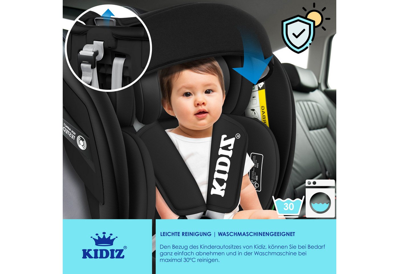 Kidiz® Kindersitz Autositz Isofix Top Tether 360° Drehbar Gruppe 0/1/2/3, Ece – Schwarz / Schwarz Bild 2