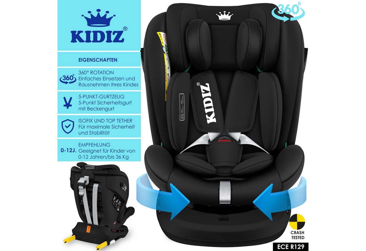 Kidiz® Kindersitz Autositz Isofix Top Tether 360° Drehbar Gruppe 0/1/2/3, Ece – Schwarz / Schwarz Bild 5