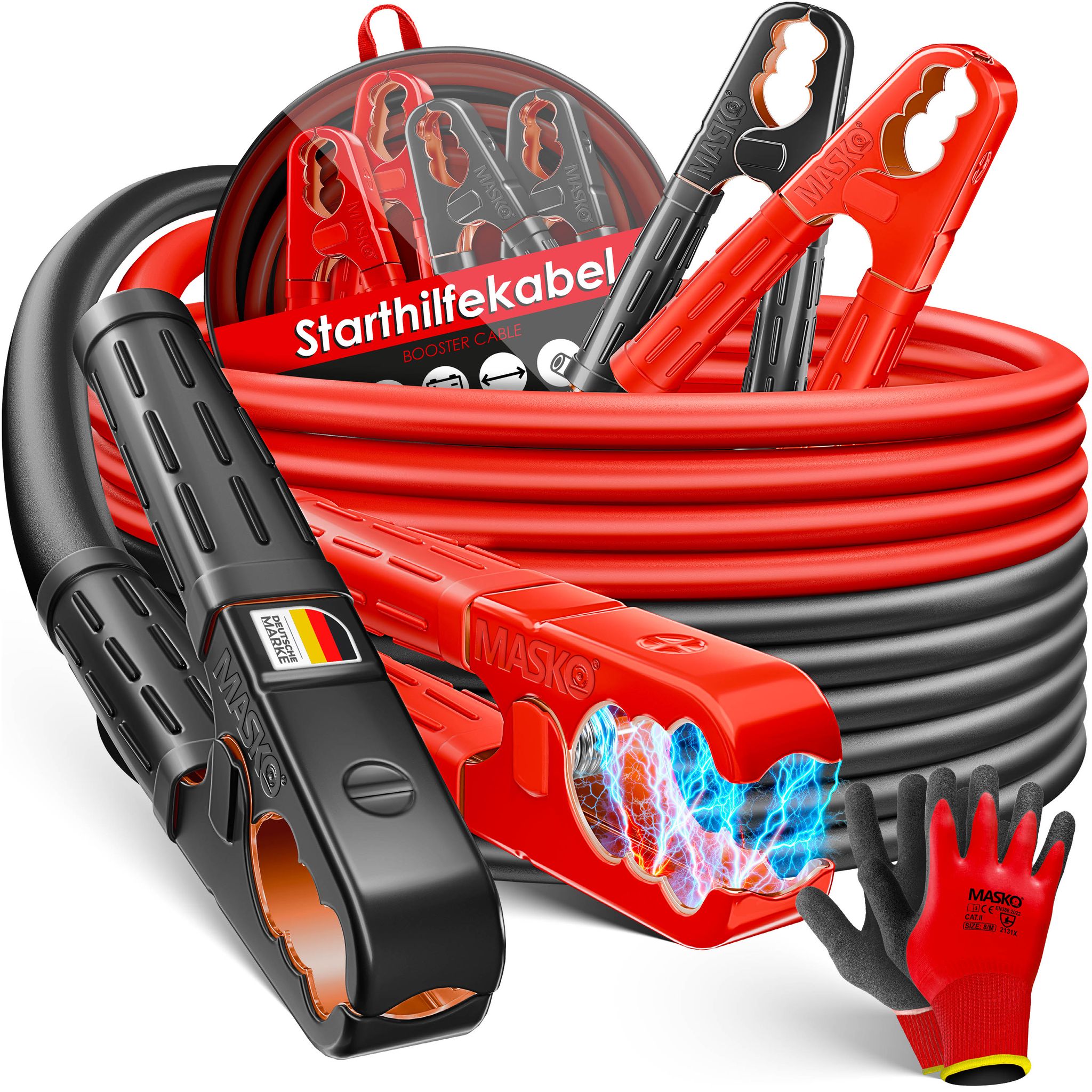 Masko® Starthilfekabel Überbrückungskabel 6/12/24v Kupfer, Inkl. Handschuhe – 6m Mit 30mm²