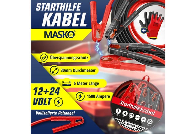 Masko® Starthilfekabel Überbrückungskabel 6/12/24v Kupfer, Inkl. Handschuhe – 6m Mit 30mm²