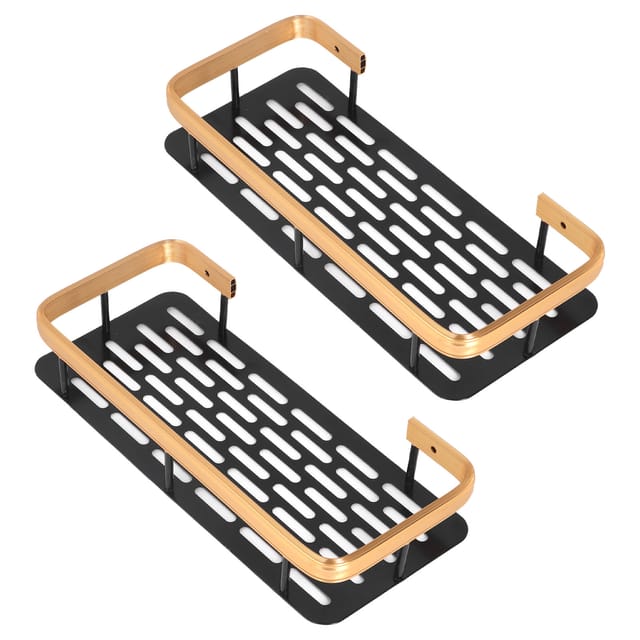 Duschablage, Doppelwandig, Rechteckig, Platzsparend, Aluminium, Montagefertig, Kein Bohren Erforderlich, Badezimmeraccessoire, Schwarz/gold