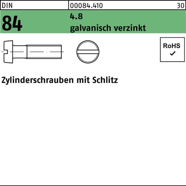 Zylinderschraube mit Schlitz DIN 84 Stahl 4.8 galvanisch verzinkt M2 x 12mm