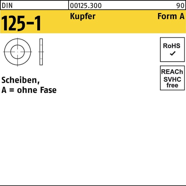 Flache Scheiben, Produktklasse A, ohne Fase, DIN 125 Form A Kupfer für ø17mm