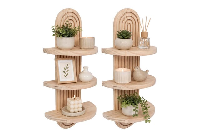 Relaxdays Wandregal, 2er Set, Hxbxt: 45 X 21,5 X 12 Cm, Holz, Regenbogen, Boho Style, Schweberegal Mit 3 Ablagen, Natur
