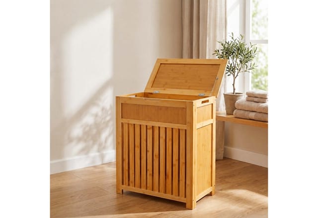 Relaxdays Wäschekorb, 80 Liter, Lamellen-design, Hbt: 62,5 X 50,5 X 28 Cm, Wäschesammler Mit Deckel, Bambus & Mdf, Natur