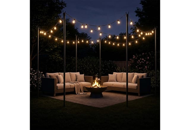 Relaxdays Lichterkettenstange 2er Set, 3m, Garten, Outdoor, Lampenmast, 2-in-1, Boden & Zaun, Light Pole, Eisen, Schwarz