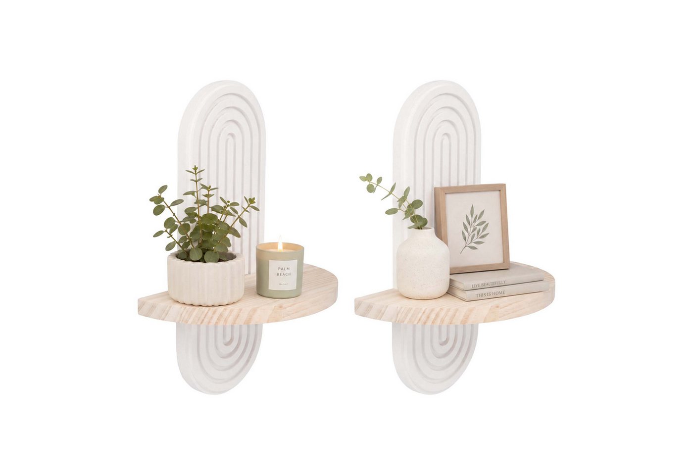 Relaxdays Wandregal, 2er Set, Hxbxt: 30 X 21,5 X 12 Cm, Holz, Regenbogen, Boho, Schweberegal Mit 1 Ablage, Natur/weiß