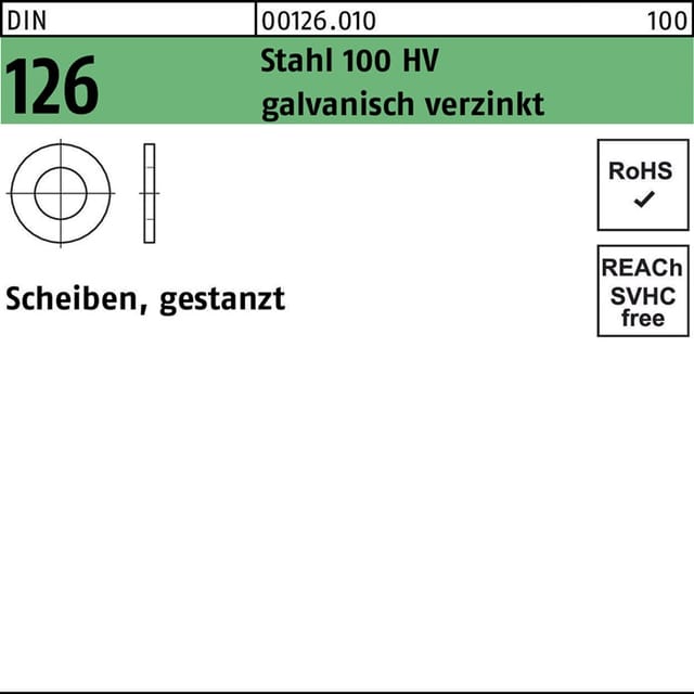 Flache Scheiben, Produktklasse C, DIN 126 Stahl 100HV verzinkt für M62