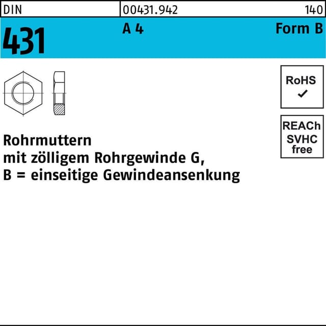 Rohrmuttern, DIN 431 Edelstahl A4 blank BG 3/8