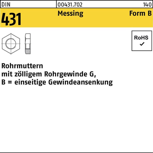 Rohrmuttern, DIN 431 Messing blank BG 3/8