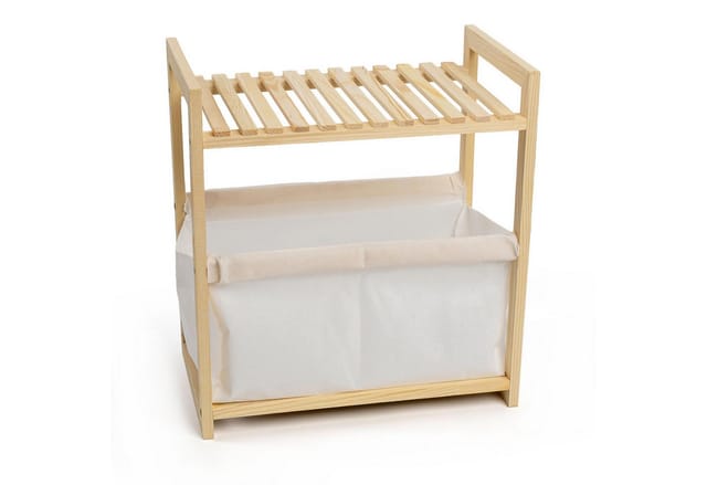 Holz Badezimmerregal Natur Mit Stoffkorb - 39 X 36 Cm - Standregal Im Scandi-design Klein Mit Ablage Und Korb