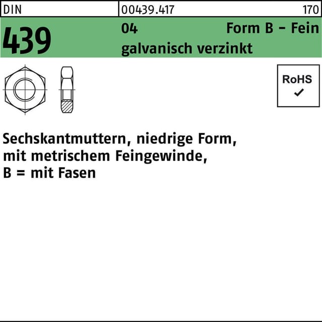 flache Sechskantmuttern, DIN 439 Stahl 04 blau verzinkt M39 x 2