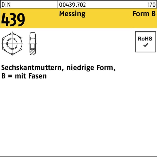 flache Sechskantmuttern, DIN 439 Form B Messing blank M2