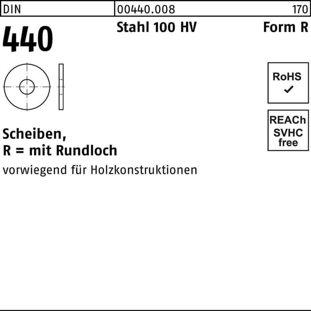 Scheiben für Holzkonstruktionen, DIN 440 Stahl 100HV blank R ø42 x 140 x 8mm